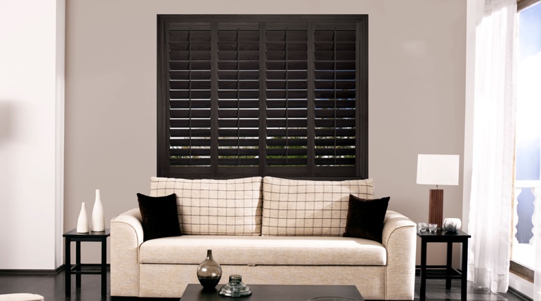 Seattle living room with plantation shutters.